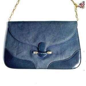 Vintage Gucci 1970s Navy Canvas Clutch Bamboo GG with Chain Strap & Bee Charm